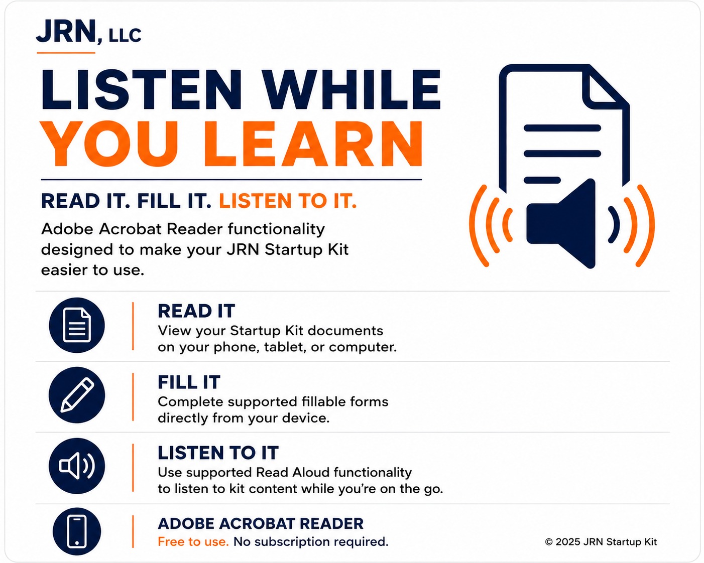 Listen While You Learn — Read It, Fill It, Listen To It. Adobe Acrobat Reader functionality for JRN Startup Kits